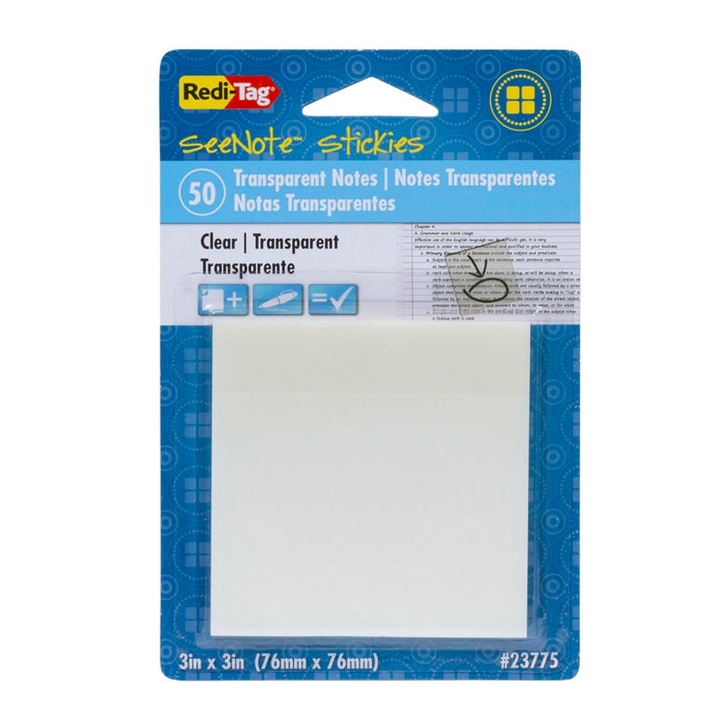 Redi-Tag SeeNote Stickies Transparent Sticky Notes, 50-Pack, 3 x 3 Inches, Clear (23775)